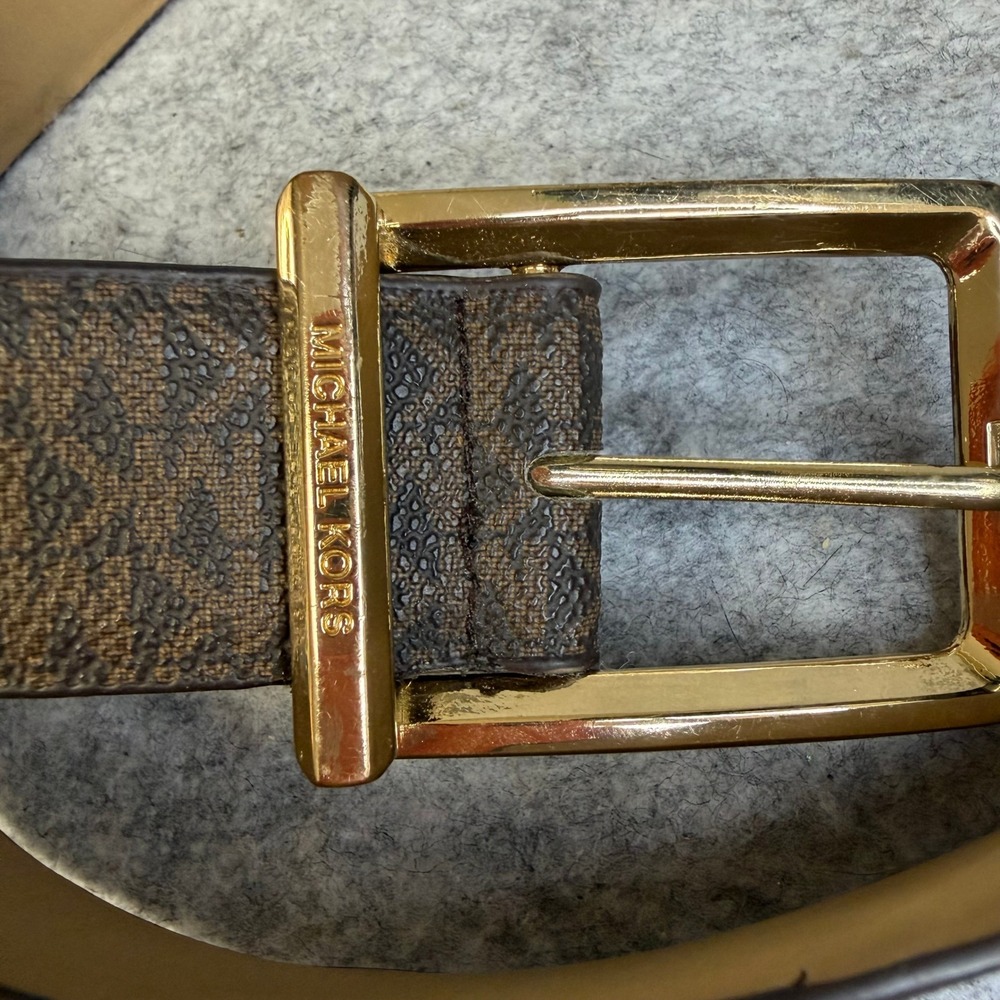 Michael Kors Brown Monogram Logo Belt Gold Tone Buckle Size L 556211